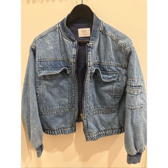 ZARA Women's Long Sleeve Full Zip Denim Bomber Jean Jacket Blue Size 13-14 - Picture 1 of 10